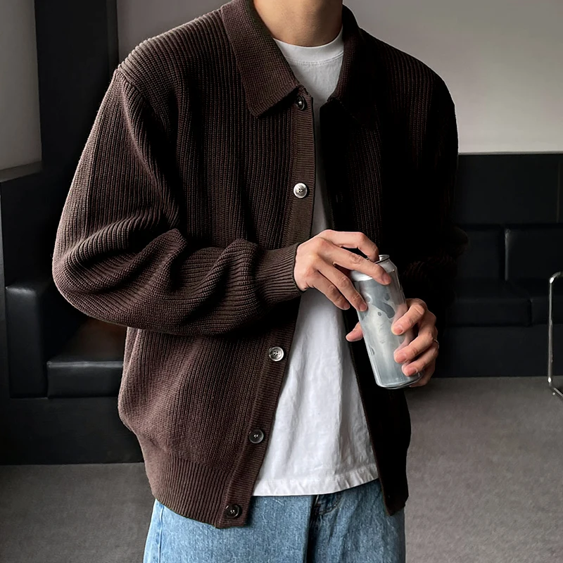 Abrigo tipo suéter para hombre, abrigos tejidos a la moda coreana, ropa de calle para hombre, cárdigan informal ajustado, abrigos