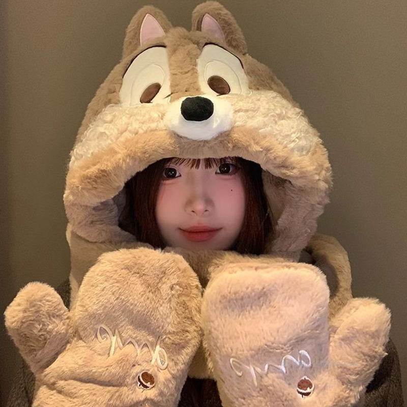 Disney Stitch Chip&Dale Damen Wintermütze Schal Einteiler Koreanische Version Trend Niedlicher Cartoon Plüsch Warme Handschuhe Hüte Schals Set