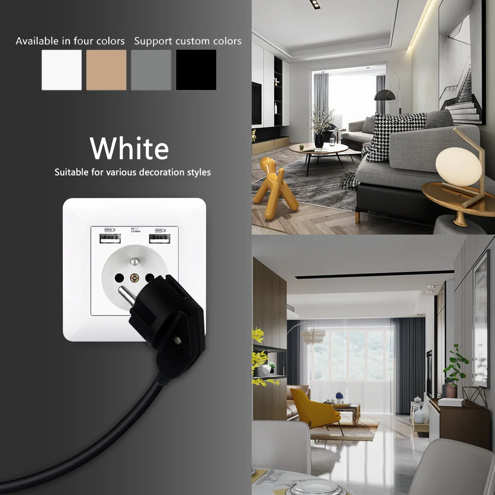 EIOMR toma de corriente USB de pared 5V 2.1A UE Francia toma de corriente 16A enchufe de puerto USB Dual enchufe de puerto de carga de teléfono IOS Android
