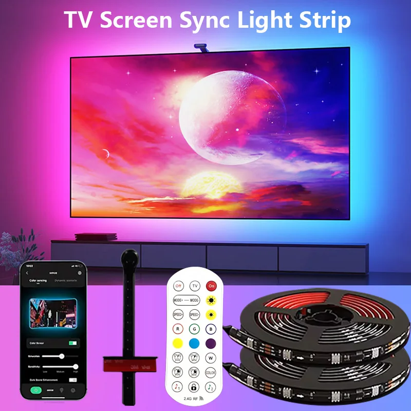 Tira de retroiluminación LED RGBIC para TV con Sensor de selección de Color, sincronización de música, Control por aplicación de 55-75 pulgadas para iluminación de ambiente de sala de juegos