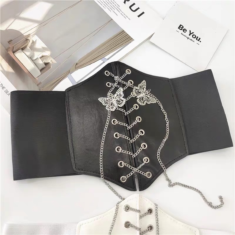 Corsé de cadena de mariposa para mujer, cinturones anchos de cuero PU, faja moldeadora de Cuerpo Adelgazante, cinturón elástico ajustado de cintura alta para camisa de vestir