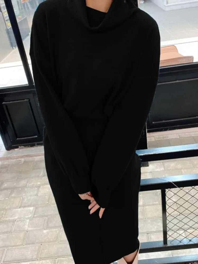 Satu set pakaian rajut wanita isi dua potong, setelan Sweater Turtleneck longgar kasual elegan dan rok sedang untuk wanita baru
