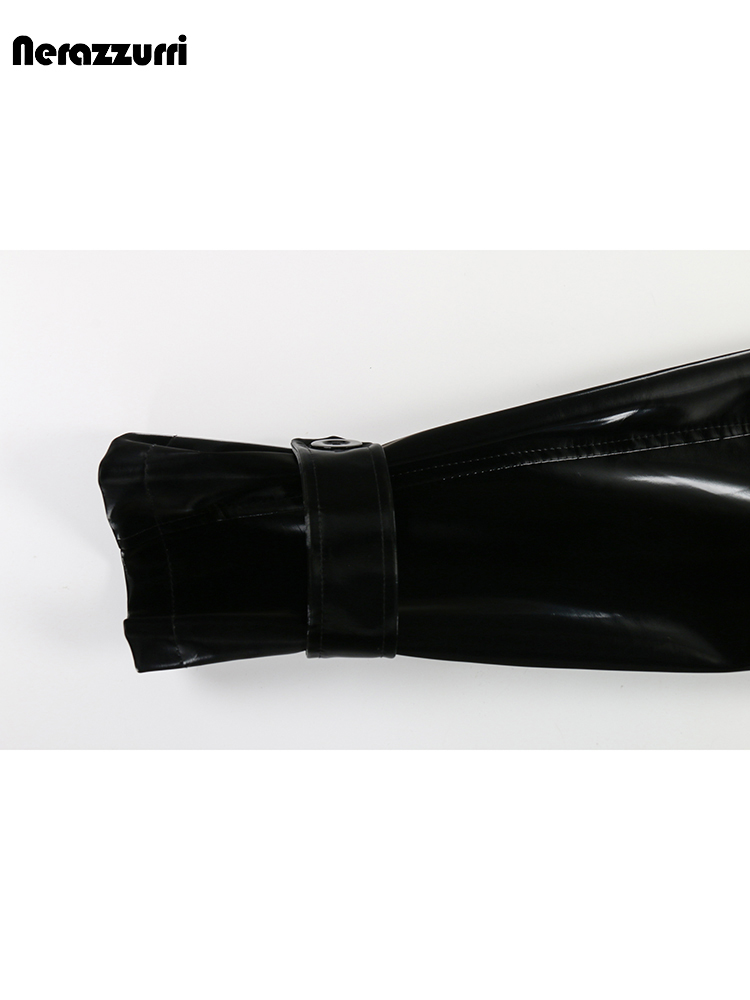 Nerazzurri ฤดูใบไม้ร่วงยาว Cool สีดําเงา Glitter สิทธิบัตรหนัง Faux Trench Coat สําหรับผู้หญิง Sashes Double Breasted ยุโรปแฟชั่น