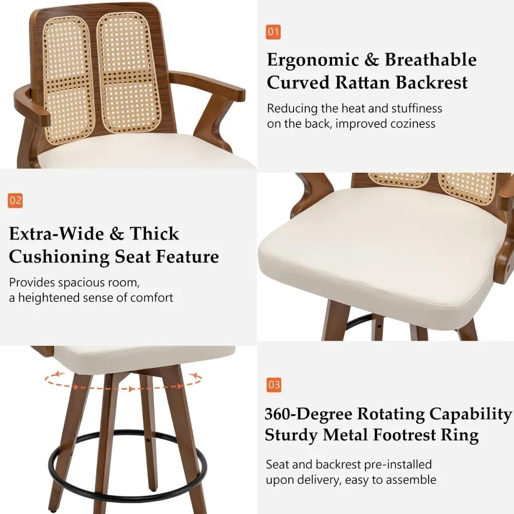 Set of 3 Mid Century Counter Stools - 27 inch Rattan Swivel Counter stools with Curved Back, Walnut Crafts, Upholstered Faux