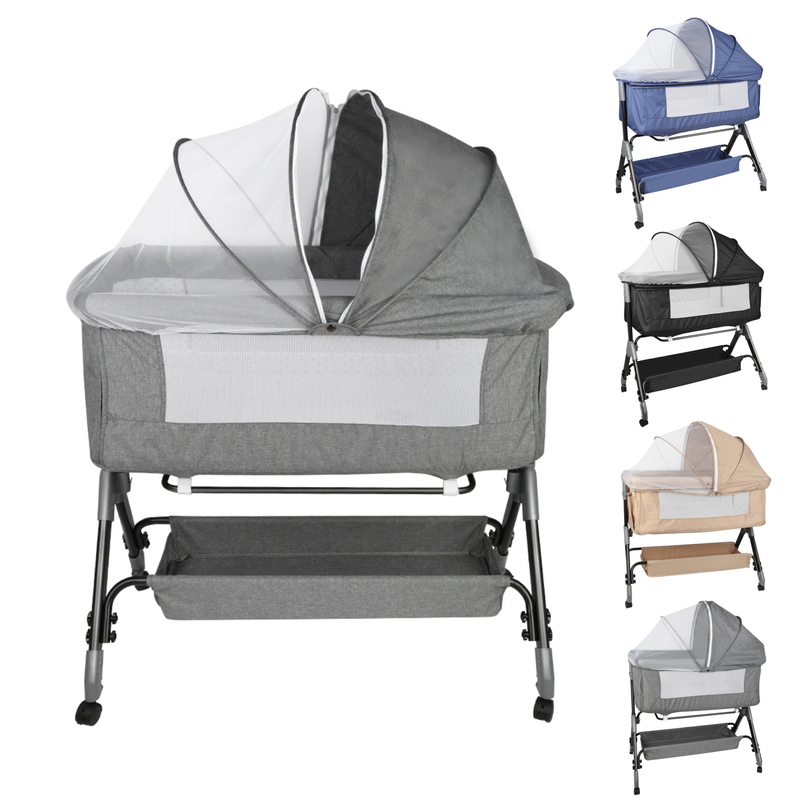 Berço de bebê 3 em 1, noite, berço, cama lateral ajustável, degraus ajustáveis em altura, rodas 360o, mosquiteiro, cesta de armazenamento