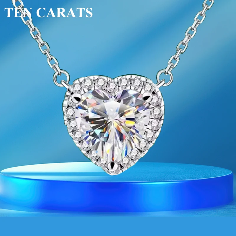 DZIESIĘĆ KARATÓW Srebro Platyna 1-2CT Moissanite Naszyjnik damski Klasyczny wisiorek w kształcie serca Biżuteria ślubna 925 Sterling Silver GRA