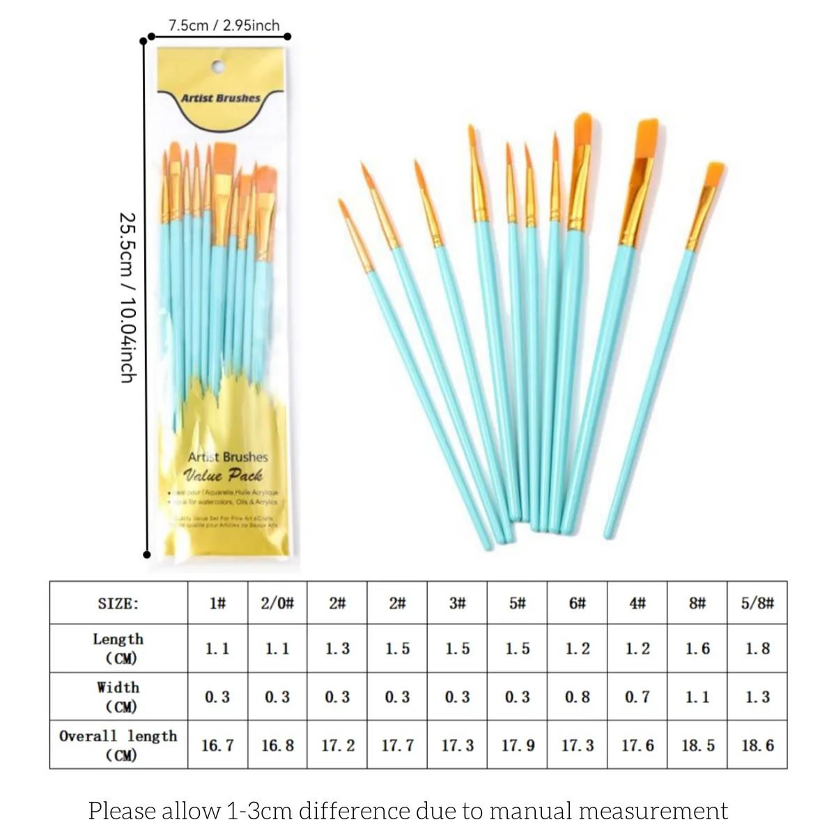 10 ชิ้นพลาสติกสั้น Rod Art ภาพวาดสีน้ํา Gouache แปรงน้ํามัน Multi - สีอเนกประสงค์ไนลอนแปรงทาสีผมชุดศิลปิน