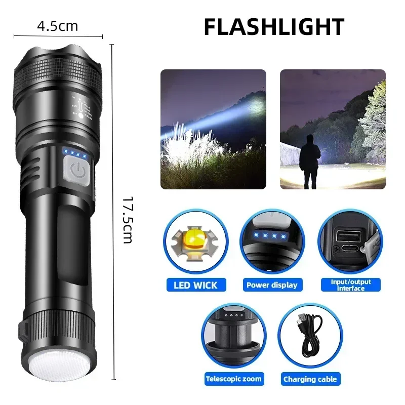 5000LM Ultra Helle Taktische Licht Eingebaute Batterie Leistungsstarke P70 Led Taschenlampen Notfall Scheinwerfer Teleskop Zoom Licht