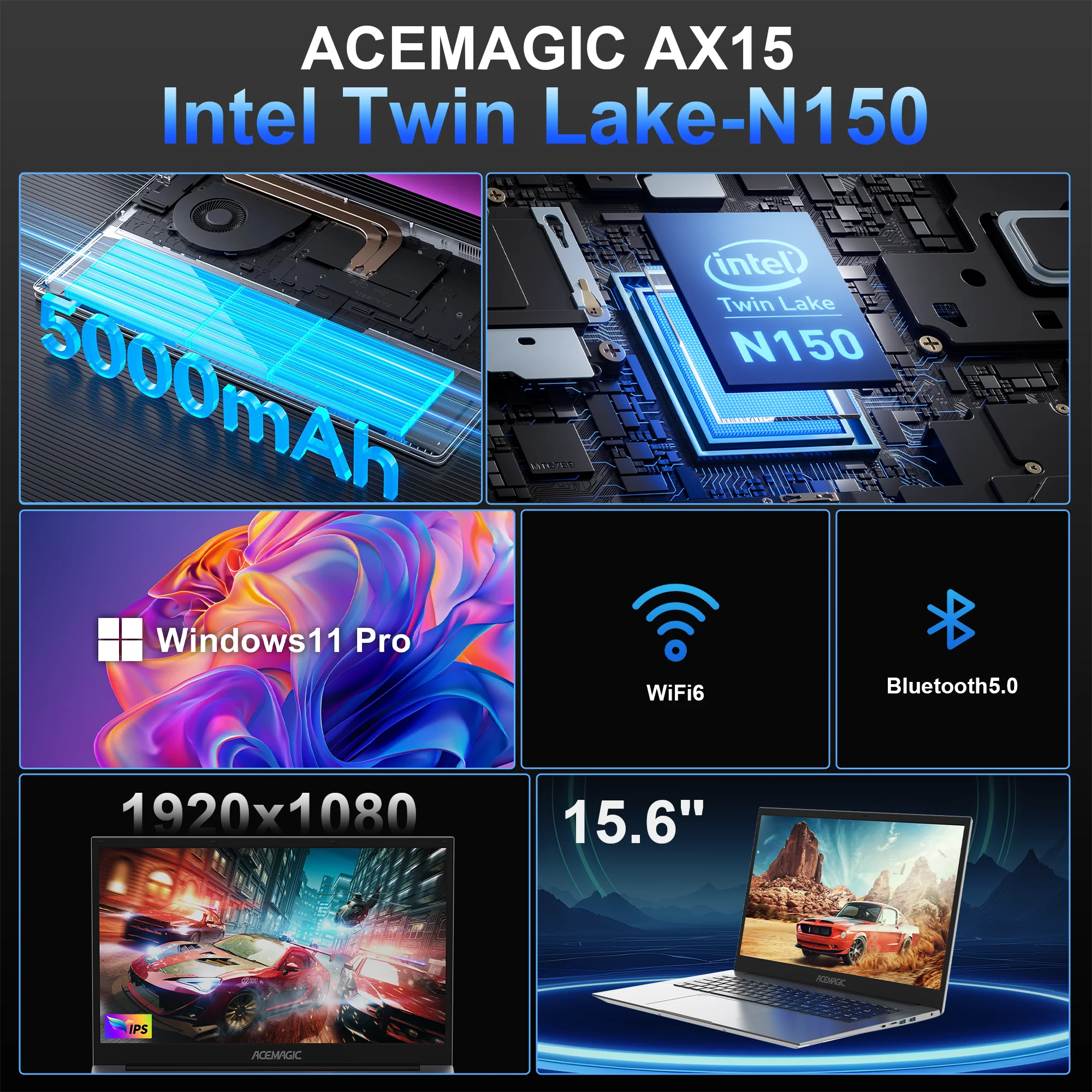 ACEMAGIC AX15 Intel Twin Lake-N150 15.6" Ultra Slim 5000 mAh Laptop 16GB LPDDR4 Ram 512GB Rom Windows 11 BT5.0 Wifi 6 Notebook