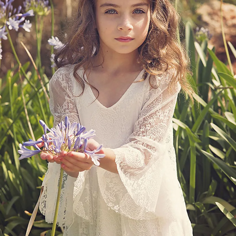 เจ้าหญิงสาวลูกไม้ชีฟองชุดยาวเด็กสาวดอกไม้งานแต่งงานชุดฤดูร้อน Boho วันเกิดงานแต่งงานชุดสําหรับ 2-14 ปี