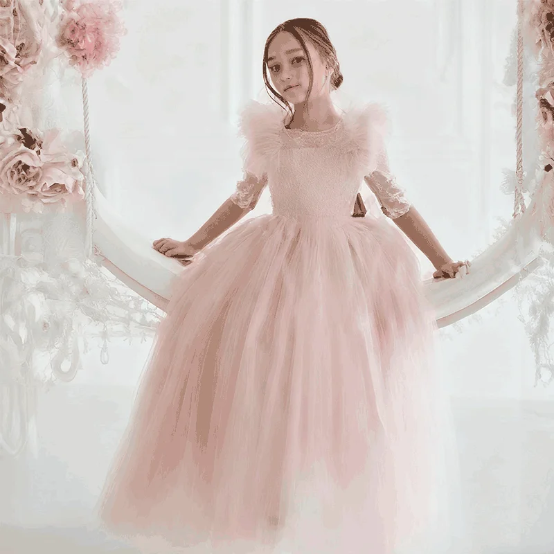 Robes à fleurs rose clair pour filles, en Tulle, avec nœud, demi-manches, pour mariage, fête d'anniversaire, Banquet, robes de princesse