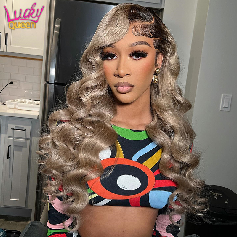 Rubio degradado 13X4 peluca de cabello humano con frente de encaje transparente raíz marrón onda del cuerpo Rubio ceniza 5X5 peluca con cierre prearrancado