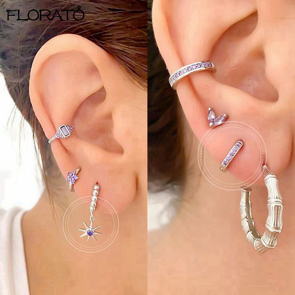 Pendientes morados elegantes con aguja de Plata de Ley 925, exquisitos pendientes de aro pequeños para mujer, accesorios de joyería de punción a la moda