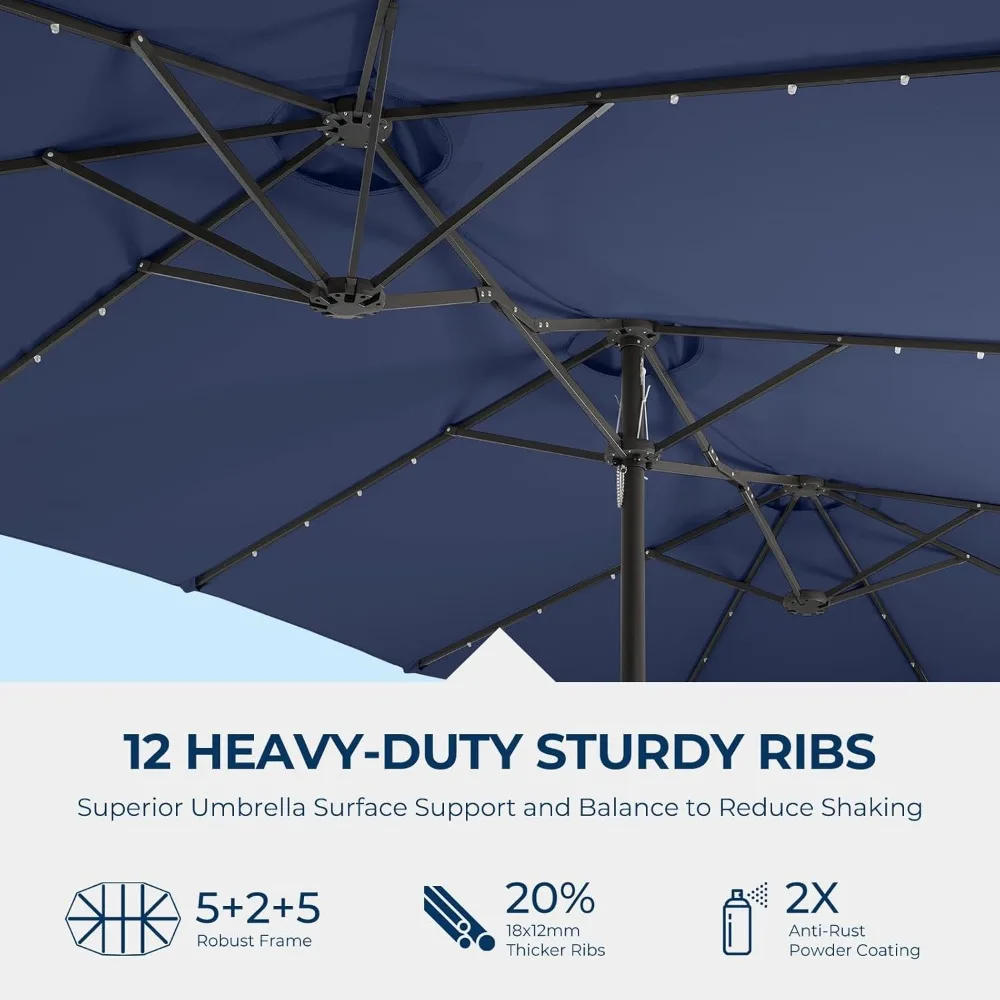 Double Sided Patio Umbrellas - 15ft Solar Lights LED Lighted Outdoor Extra Large Market Table Umbrella with Base Included, Overs