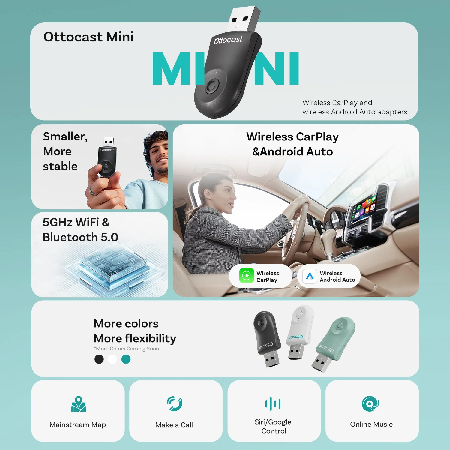 Ottocast 2 в 1, беспроводной адаптер CarPlay Android Auto, Plug Play, быстрый разъем, мини-USB-ключ для Mercedes Benz Audi Toyota и т. д.