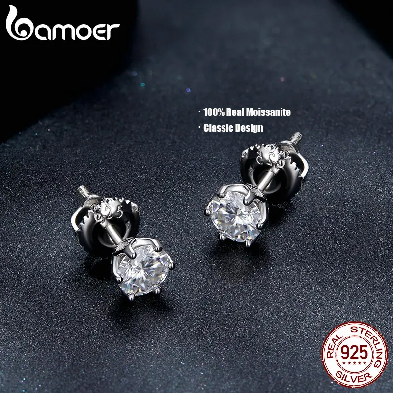 BAMOER Pendientes clásicos de moissanita, plata S925, color D, brillante, corte redondo, pendientes de compromiso de boda con diamantes creados en laboratorio