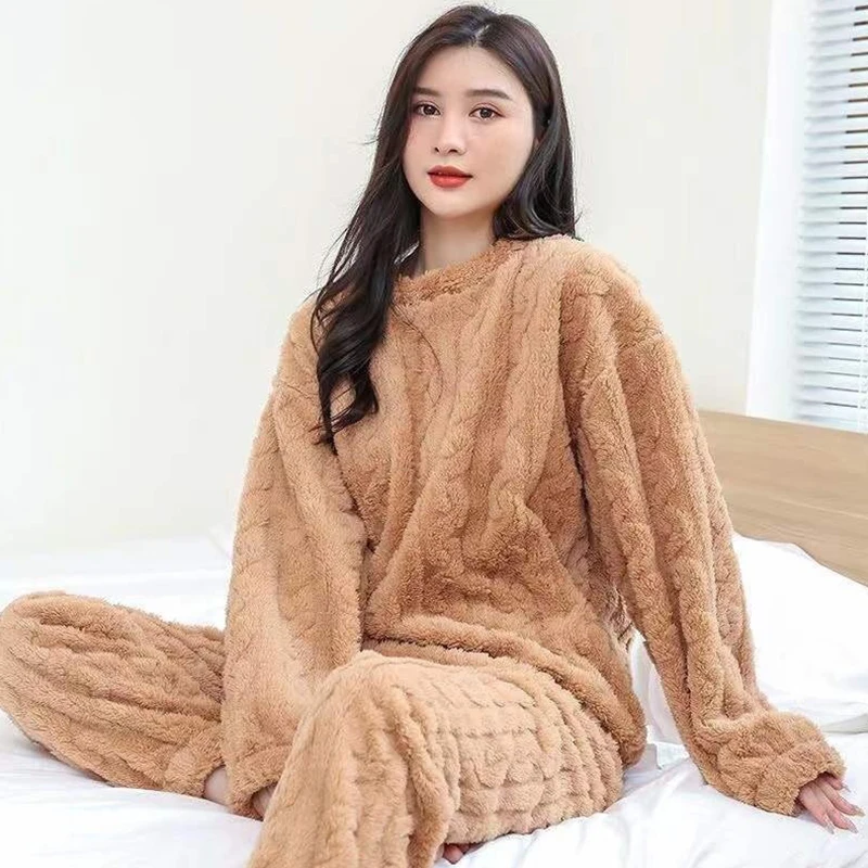 Herfst Vrouwen Solid Warm 2 Delige Sets Dikker Fluwelen Geribbelde Fleece Set Trui En Broek Vrouwen Casual Pyjama Sets 2023