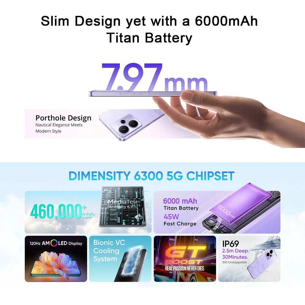 Globale Version realme 14T 5G Smartphone MediaTek Dimensity 6300 6.67“ OLED Display 6000mAh Akku Next AI IP69 Wasserdichtigkeit