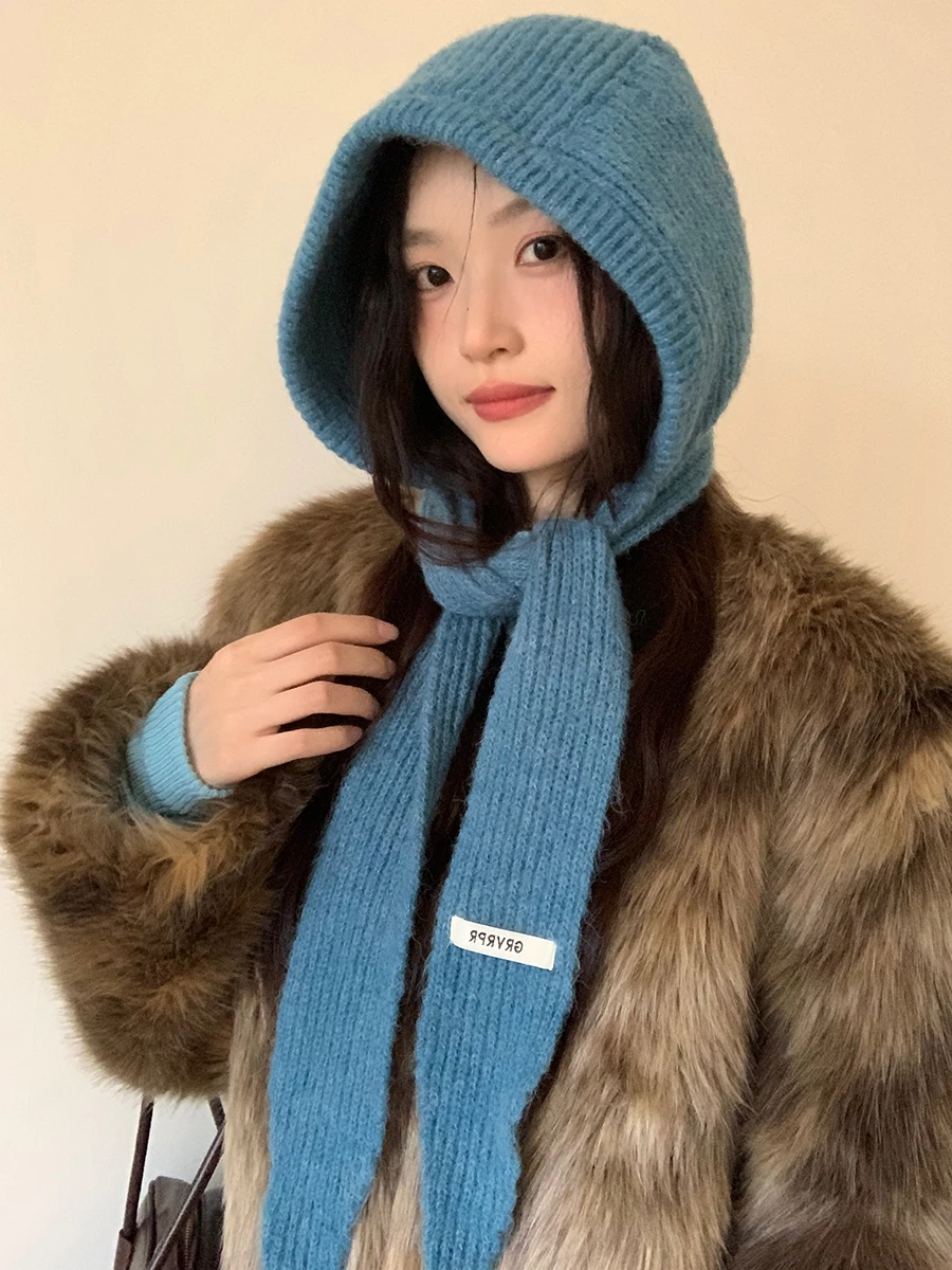 Gorro rojo de lana para Navidad y Año Nuevo, bufanda de una pieza para mujer, bufanda tejida para el cuello, pasamontañas con capucha