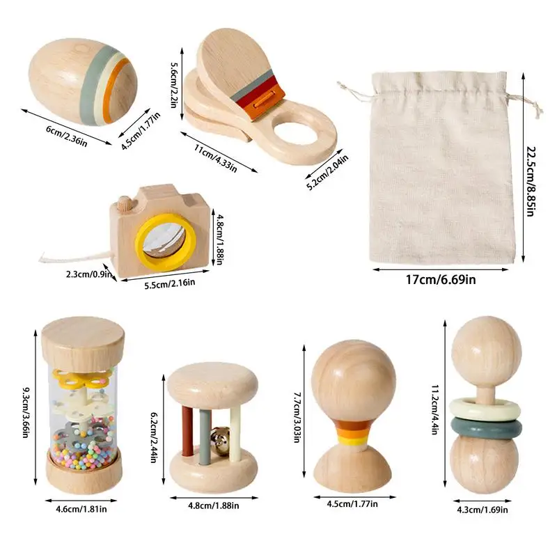 男の子用ベル付き木製ガラガラおもちゃ、教育用多機能ローリングティーザー、子供用カラフルおもちゃ、7倍
