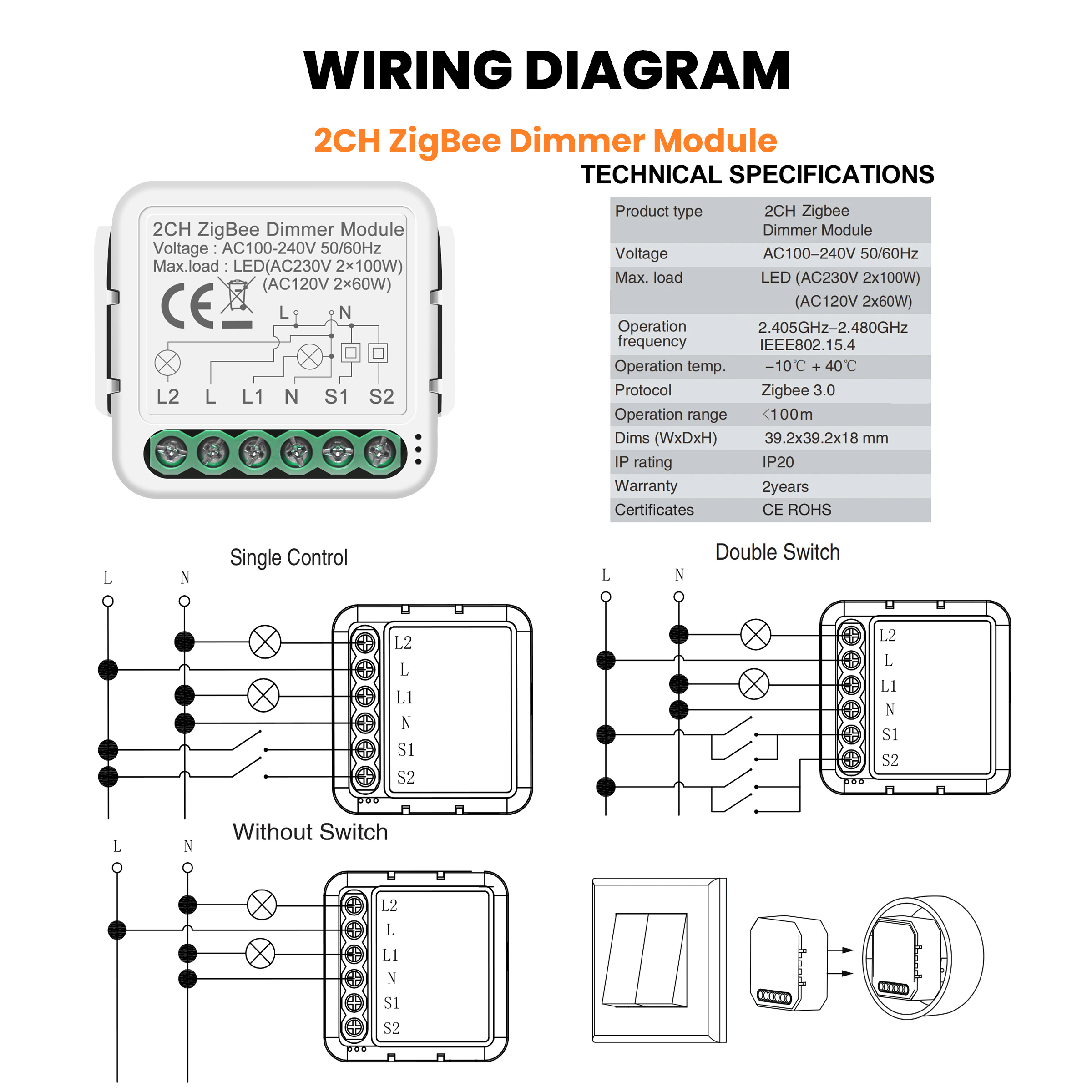 GIRIER Tuya Smart WiFi ZigBee 3.0 Dimmer-Schalter-Modul, unterstützt Zwei-Wege-Steuerung, dimmbarer Schalter, kompatibel mit Alexa Google Home