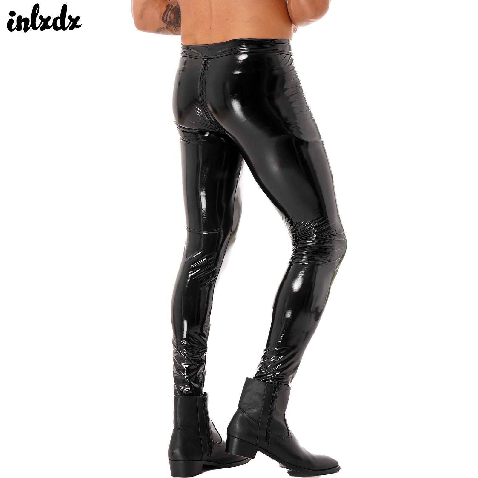 Homens com zíper virilha calças magras clubwear couro patente moto biker calças magras leggings motociclismo festa calças justas