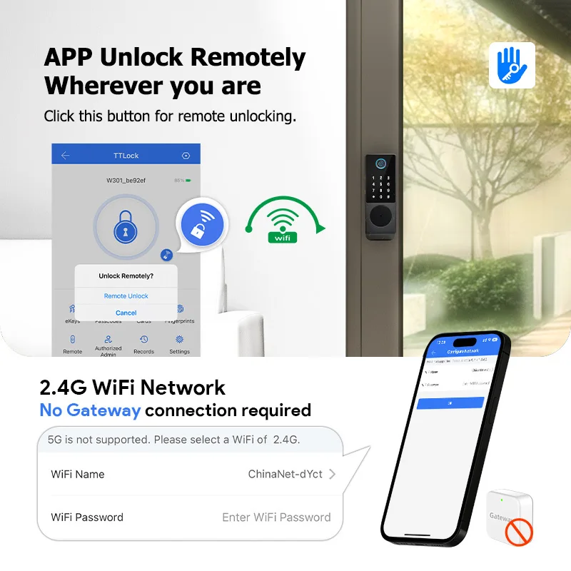 TTLock Versione WIFI Gateway integrato Impronta digitale Cancello esterno impermeabile Codice di accesso Scheda Rfid Serratura intelligente senza chiave