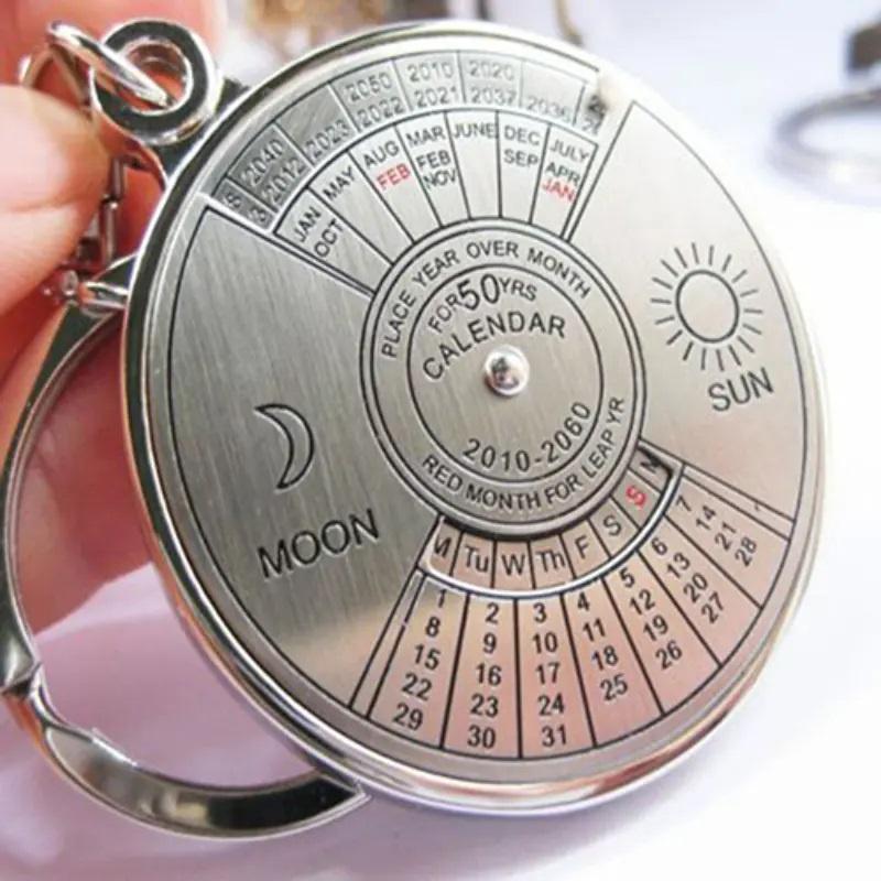 Portachiavi con calendario perpetuo da 50 anni Portachiavi per auto in metallo argentato Ornamento Borsa Borsa Accessori per ciondoli Regalo personalizzato