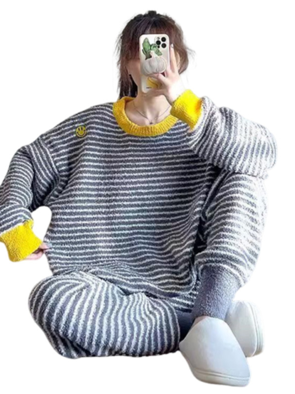 Plus Size Soft Coral Fleece Pajamas Women's Winter Thickened Half Velvet Warm Stripes Home Clothes Set Comfortable Long Sleev...