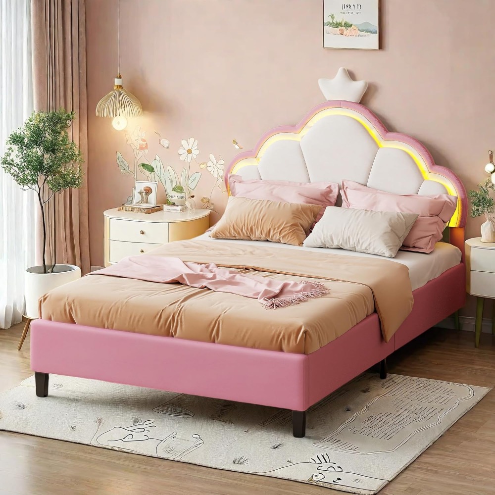 Cama individual para niños acolchada regulable en altura de princesa rosa 90x200 con cabecero de corona LED
