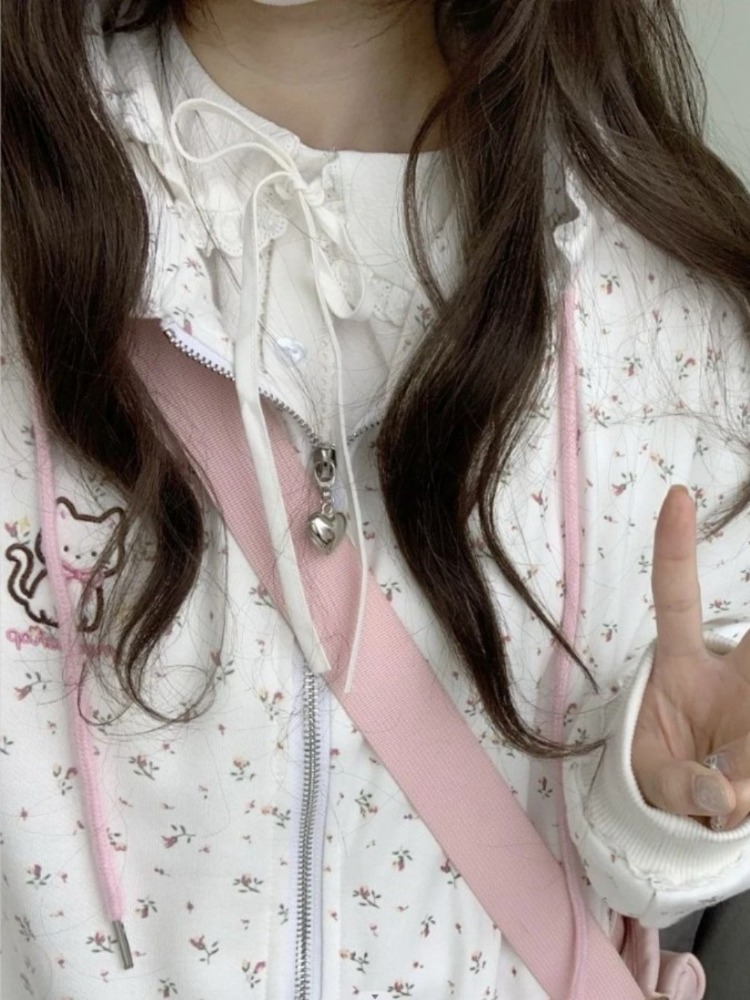 HOUZHOU Kawaii dulce Harajuku Sudadera con capucha mujer moda japonesa encaje Patchwork estampado Floral gato bordado cremallera Sudadera con capucha