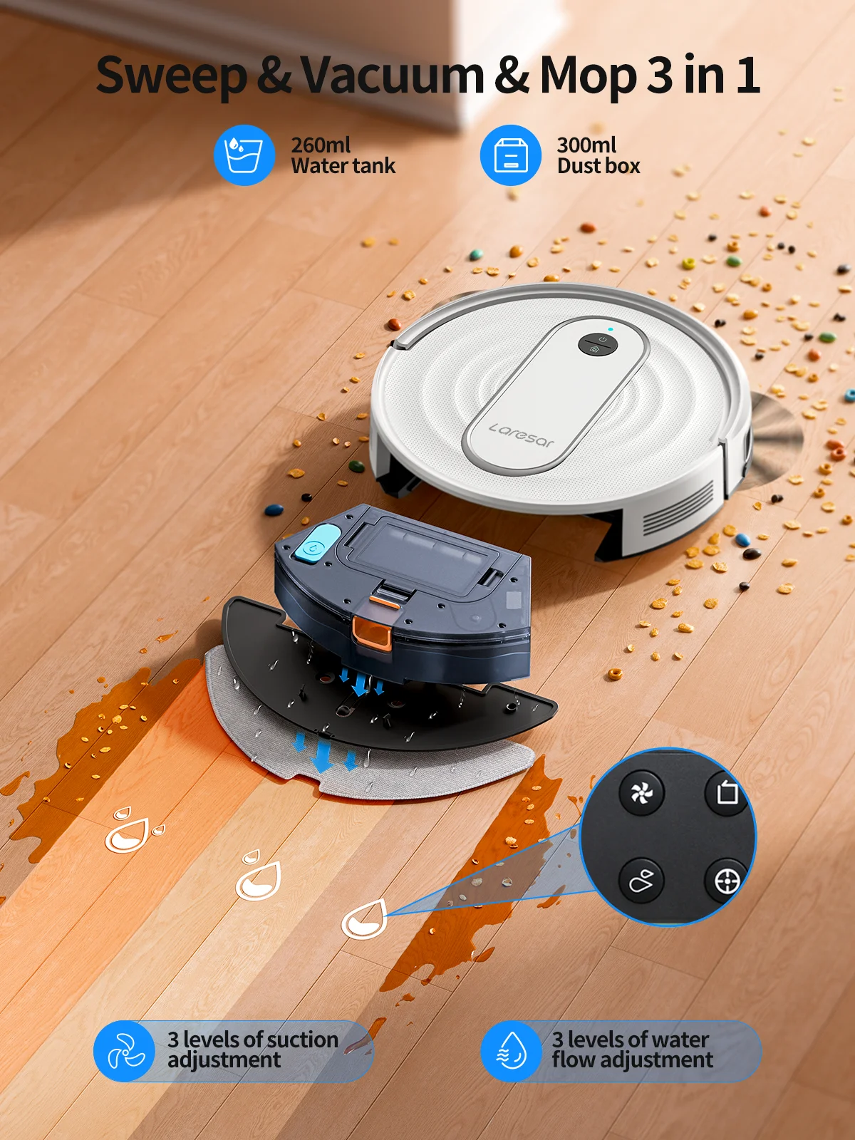 Laresar P10 Aspirateur Robot et Serpillère, Aspiration de 4500Pa, Contrôle via APP, Carte Planifiée avec Gyroscope Intelligent pour Sols et Tapis à Domicile Sans Fil