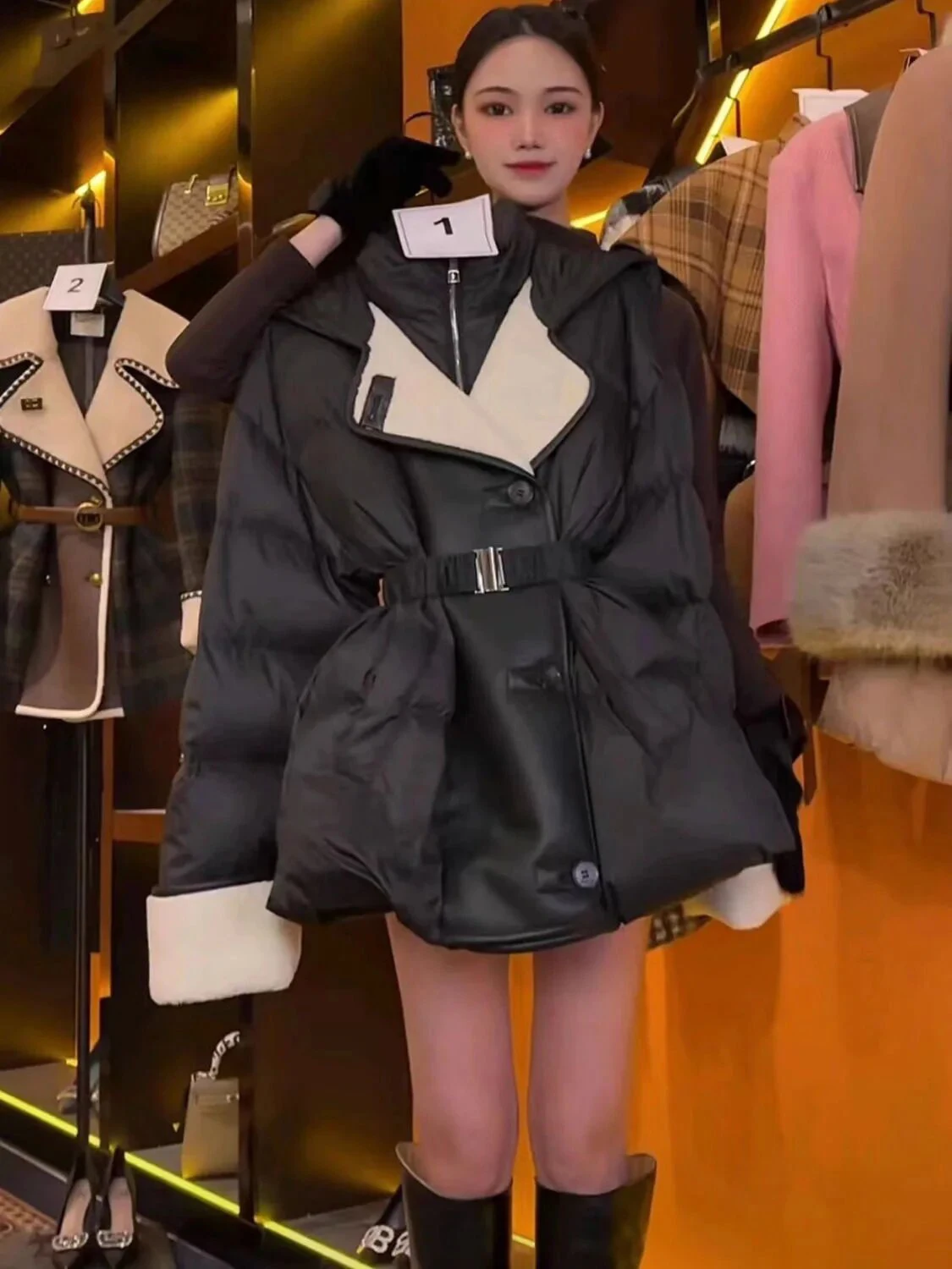 ฤดูหนาว Patchwork PU หนังหลวม Parkas หญิง Hooded กับเข็มขัดลงเสื้อแจ็คเก็ตเป็ดสีขาวลง Casual Coat หญิง Puffer Jacket