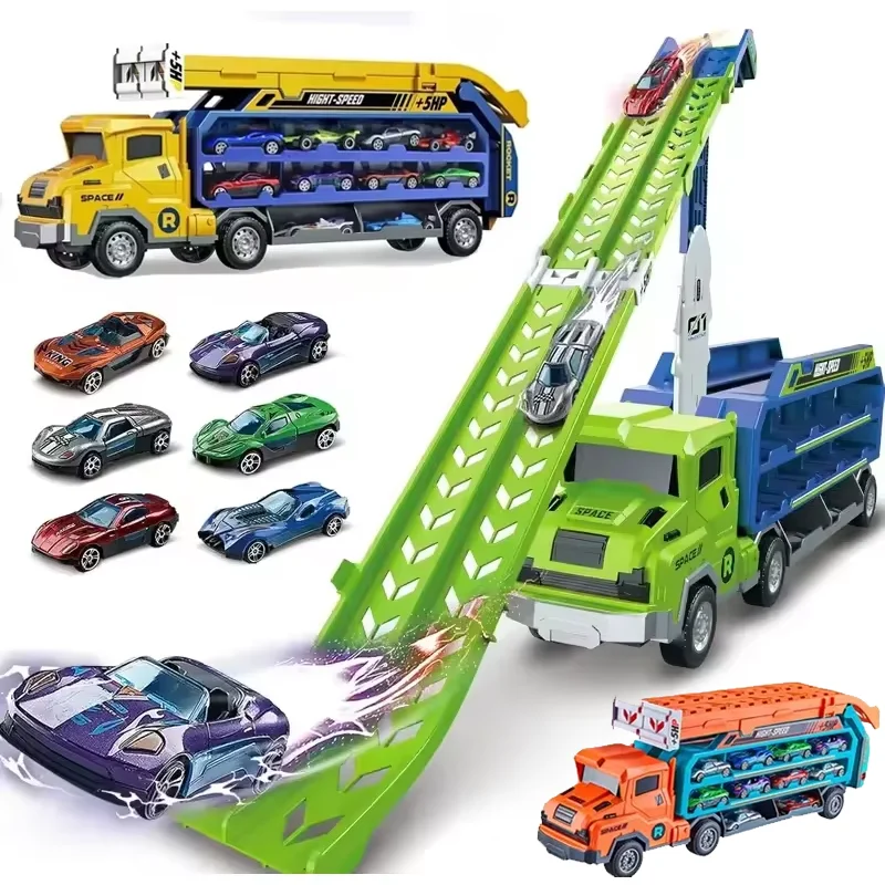 Los coches con riel de cohete de elevación y deslizamiento deformación se pueden doblar automóviles de aleación para camiones de carga Navidad, Acción de Gracias, Halloween, cumpleaños