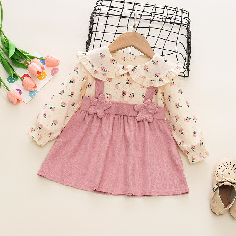 Herbst neue Mädchen gefälschte zweiteilige lang ärmel ige Blumen kleid Kinder kleidung Puppen kragen Schleife Hemd Kinder rock