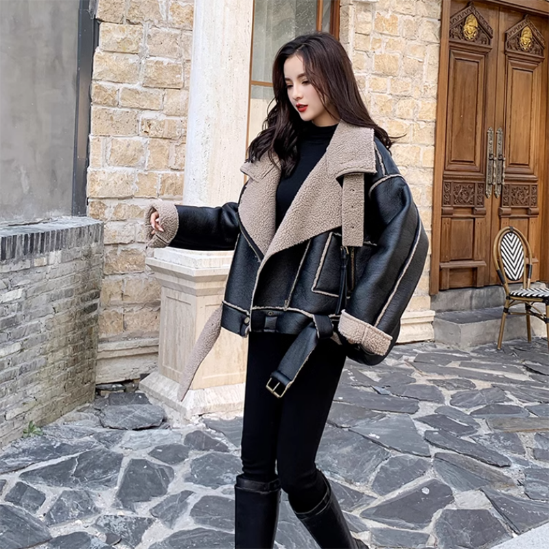 Vestes de moto en cuir Velvet Plus pour femmes, fourrure d'agneau One Short Overcoat, mode adt, épaissir, veste en cuir chaude, hiver