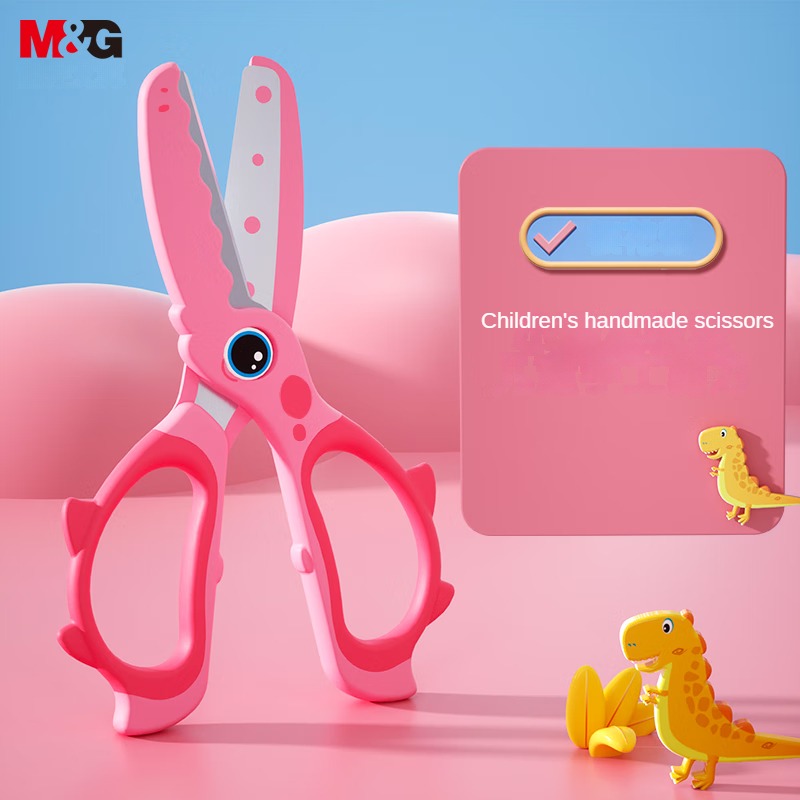 M & G-tijeras de 135mm para ahorrar trabajo, Protector de manos, tijeras de papel hechas a mano de dibujos animados para niños, dinosaurio pequeño, azul y rosa