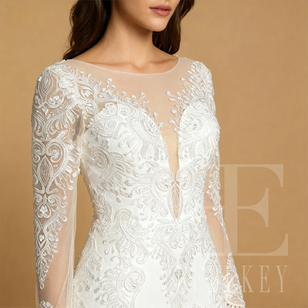 BEBEKEY Abito da sposa da donna in pizzo a maniche lunghe con scollo rotondo e strascico a cappella, abito a sirena per abito da festa di nozze
