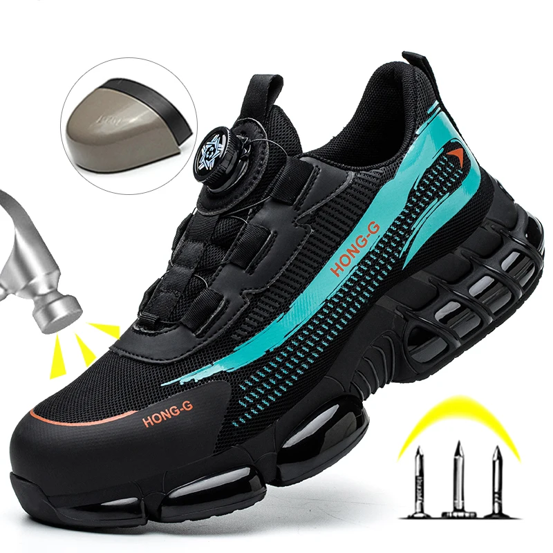 Sapatos de trabalho masculinos fivela rotativa tênis de trabalho sapatos de proteção segurança industrial à prova de punctura anti-esmagamento sapatos de dedo do pé de aço