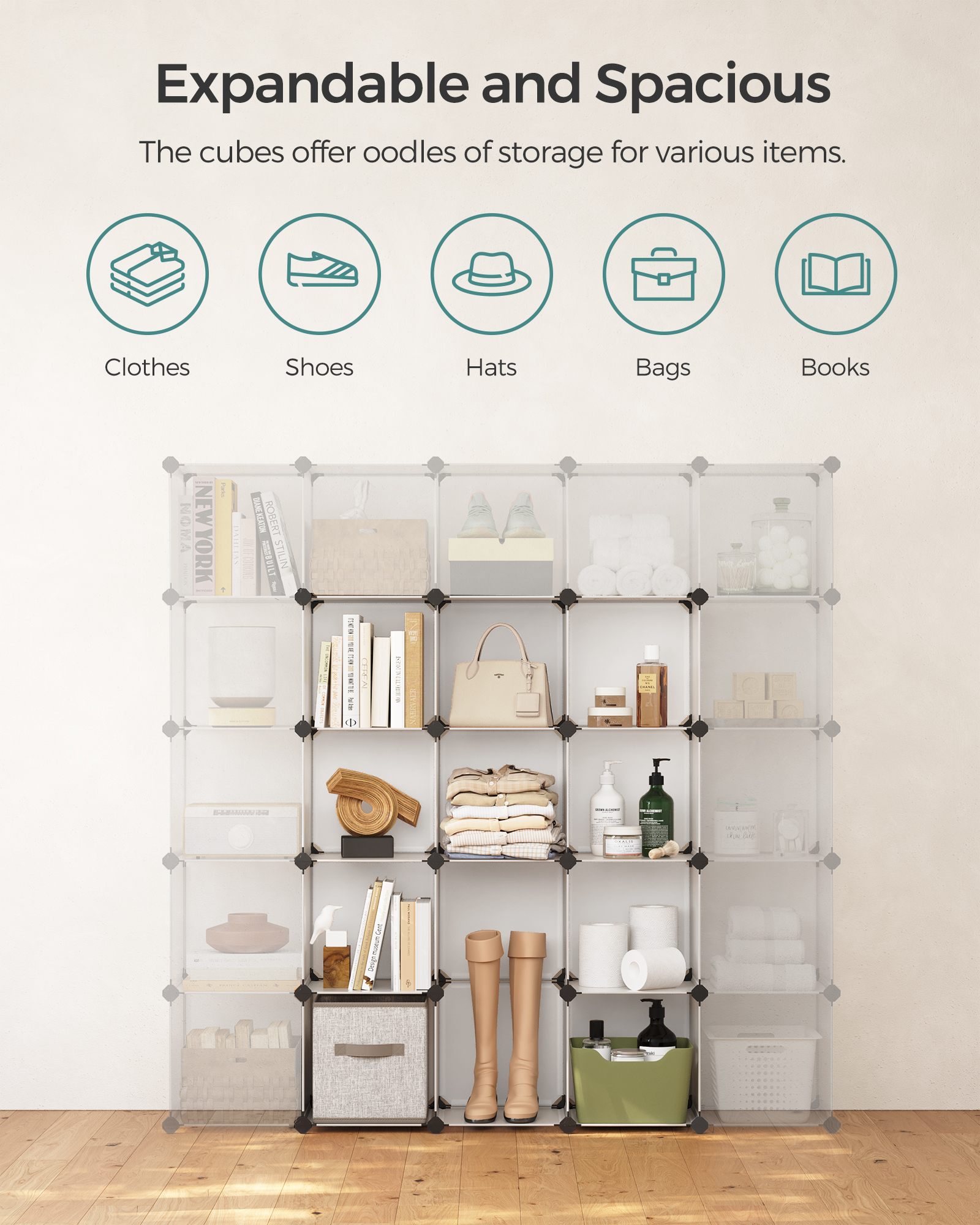 SONGMICS Cube Storage Organizer, Set of 16 Plastic Cubes, Book Shelf, Closet Organizers and Storage, Room Organization, Bedroom