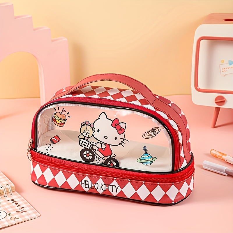Bolsa cosmética de material PU Hello Kitty e Kuromi, organizador de material escolar de grande capacidade Cinnamoroll, com compartimento organizador