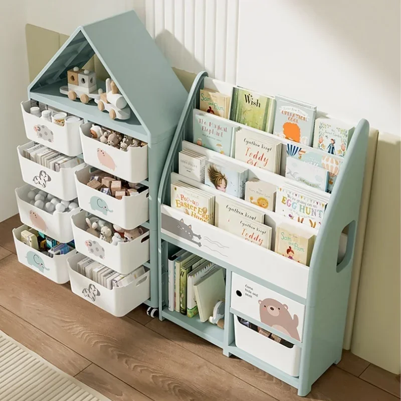 Estante de plástico para crianças, livros para bebês, brinquedos, armário de armazenamento, estantes de chão, organizador de armazenamento simples para casa