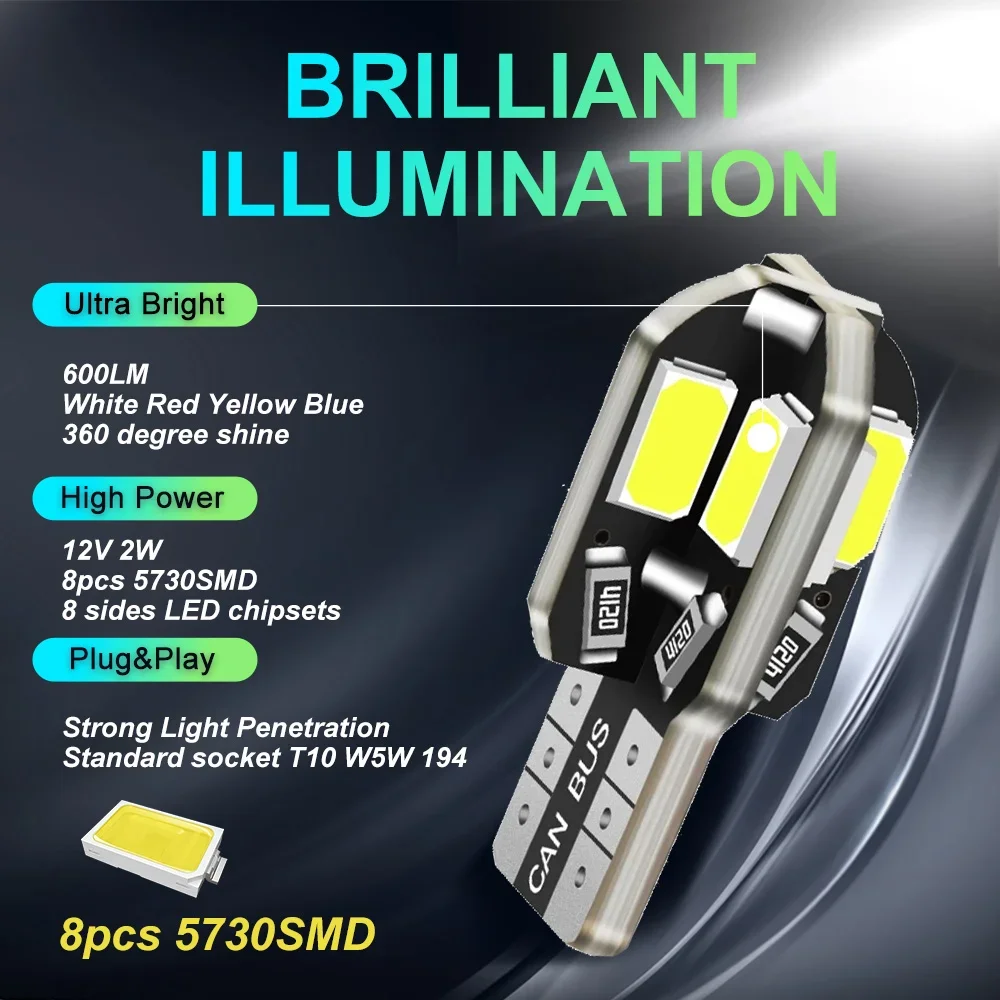 10/20ชิ้นหลอดไฟ LED T10 W5W แคนบัส8SMD 5730 12V 6000K 194 168แผนที่รถ LED ไฟโดมไฟจอดรถสัญญาณไฟอัตโนมัติ