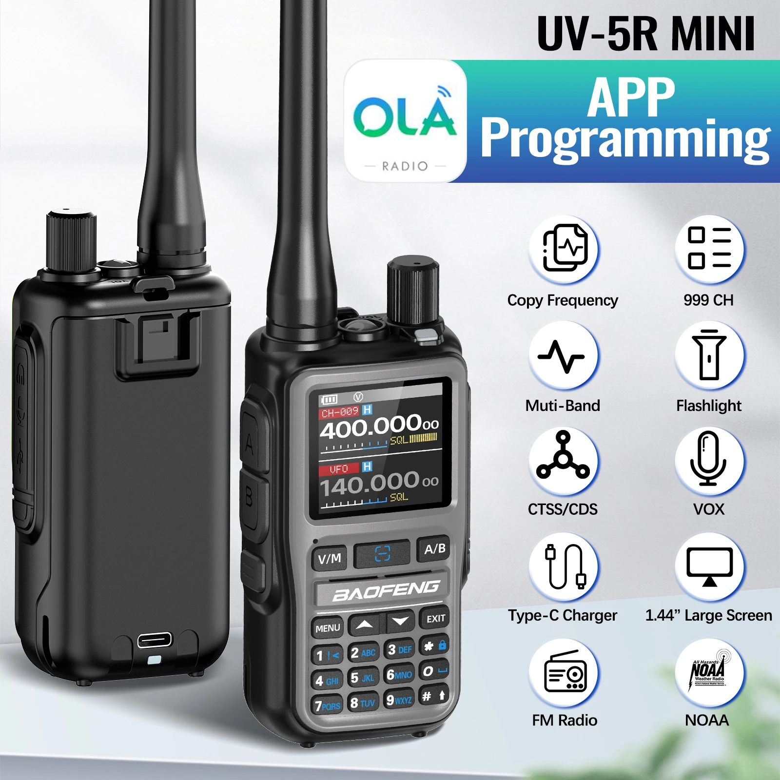 BAOFENG Walkie-Talkie, Vollband, UV-5R, Mini-Bluetooth-Programmierung, kabellose Kopierfrequenz, 2 PTT, AM, FM, Typ C, Langstrecken-Amateurfunk