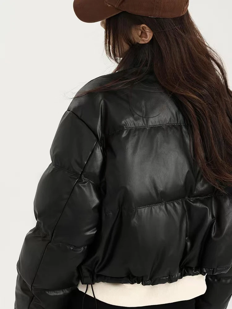 Parkas cortas cálidas de invierno para mujer, chaqueta acolchada corta de cuero Pu a la moda Y2K, ropa informal suelta para mujer, abrigos de manga larga con cremallera