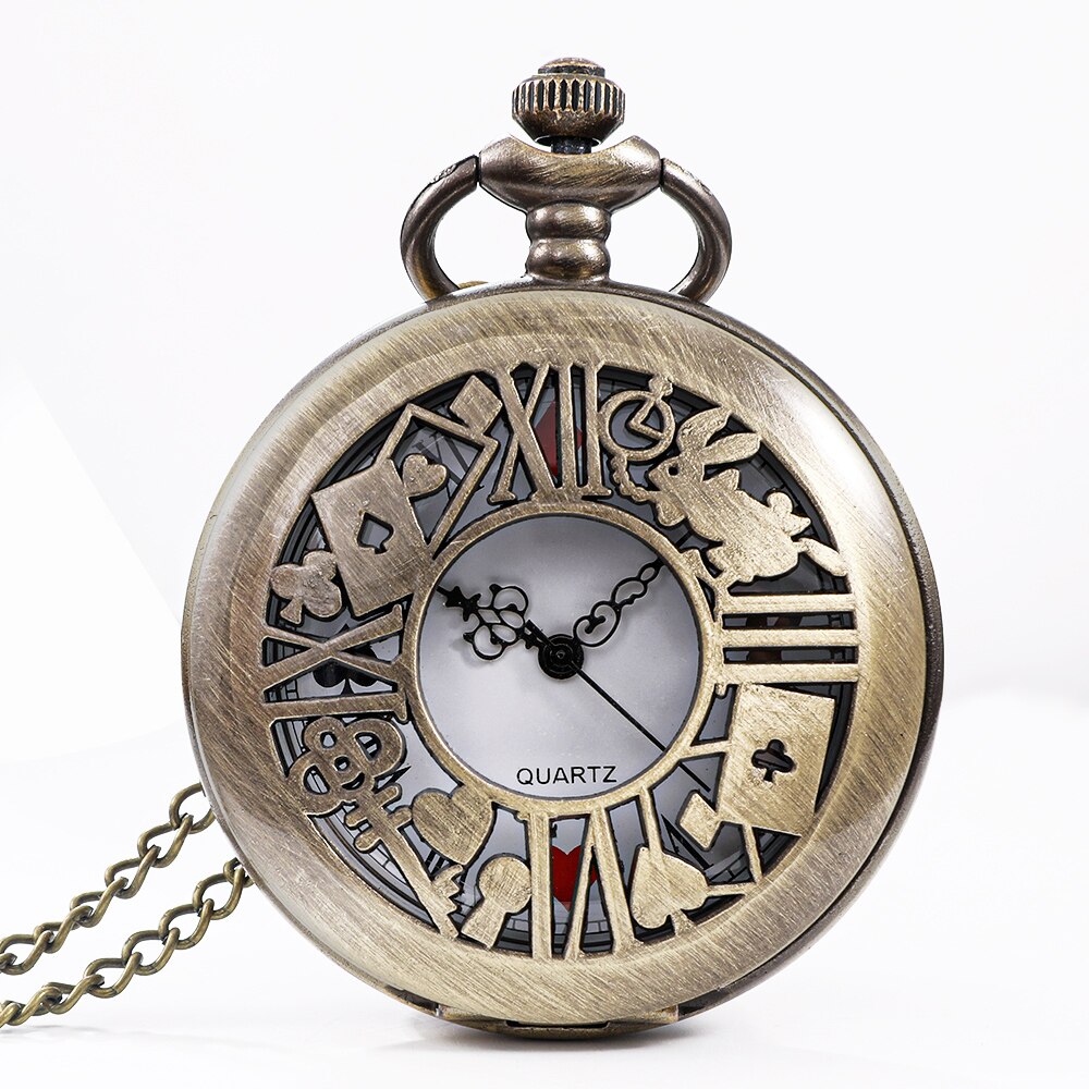 Neue Bronze Quarz Taschenuhr Retro Alice Thema Tasche Fob Uhr Anhänger Halskette Taschenuhr Männer Damen Geschenk