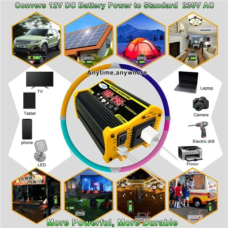 Inversor de corriente Universal de 4000W, convertidor de onda sinusoidal modificada de 12V a 110V y 220V, carga electrónica para exteriores con 2 USB de carga rápida