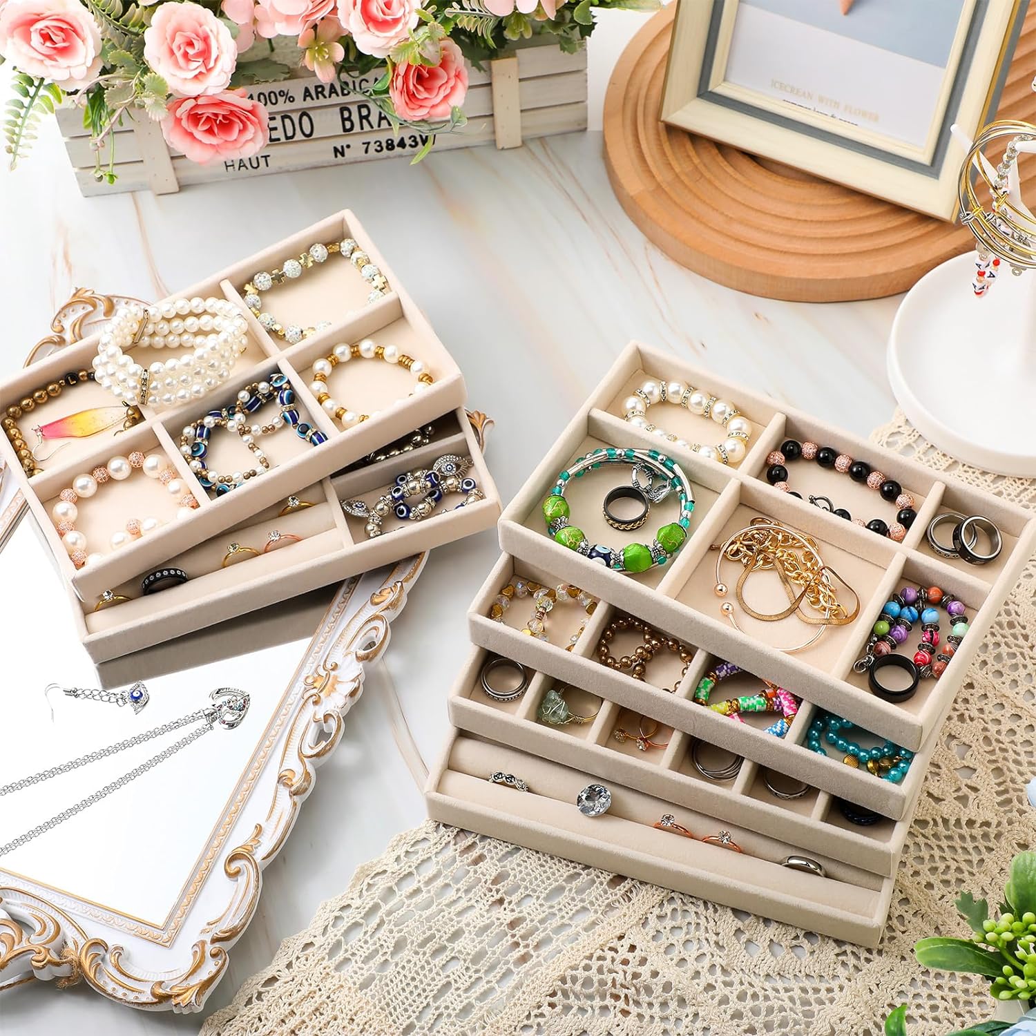 Plüsch-Schmuckablage, abnehmbares Tablett, Ohrringe, Ohrringe, Ringe, Halsketten, Aufbewahrungstablett, Schublade, Trenntablett