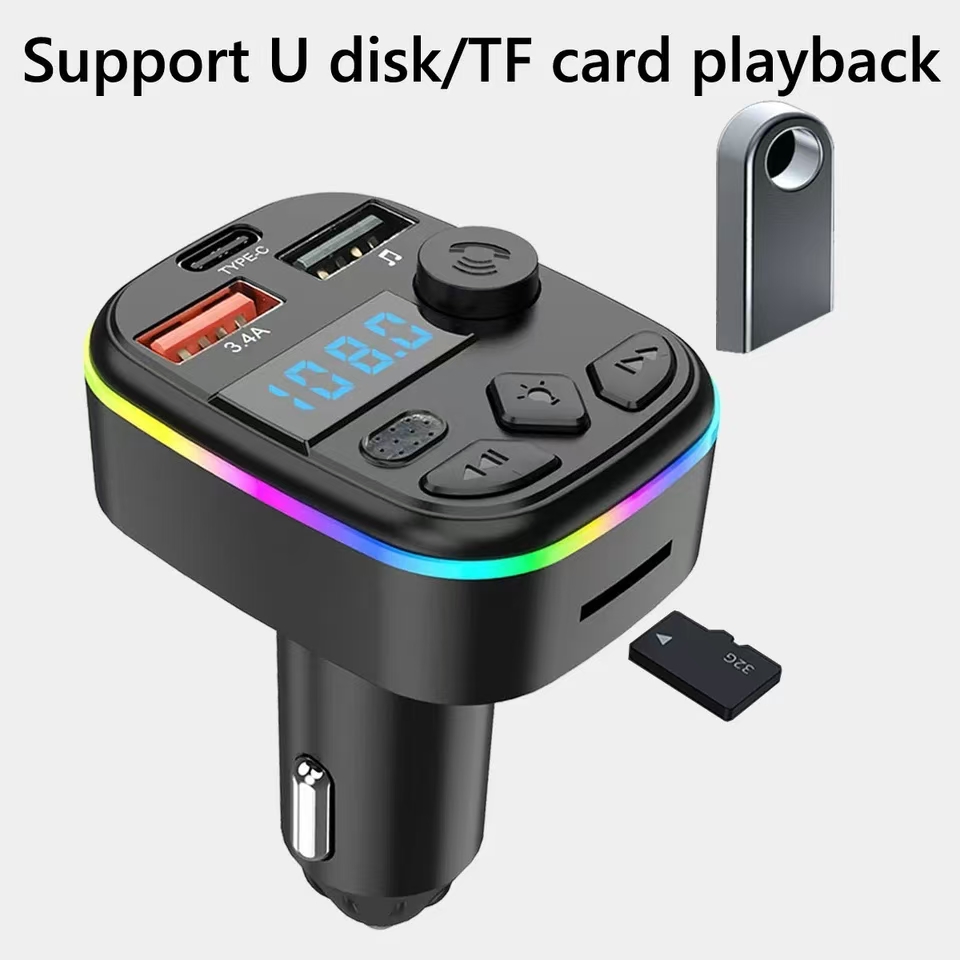 Carregador de carro transmissor fm suporte cartão tf u disco carro mp3 player duplo usb tipo c carregamento do telefone celular mãos livres kit carro sem fio