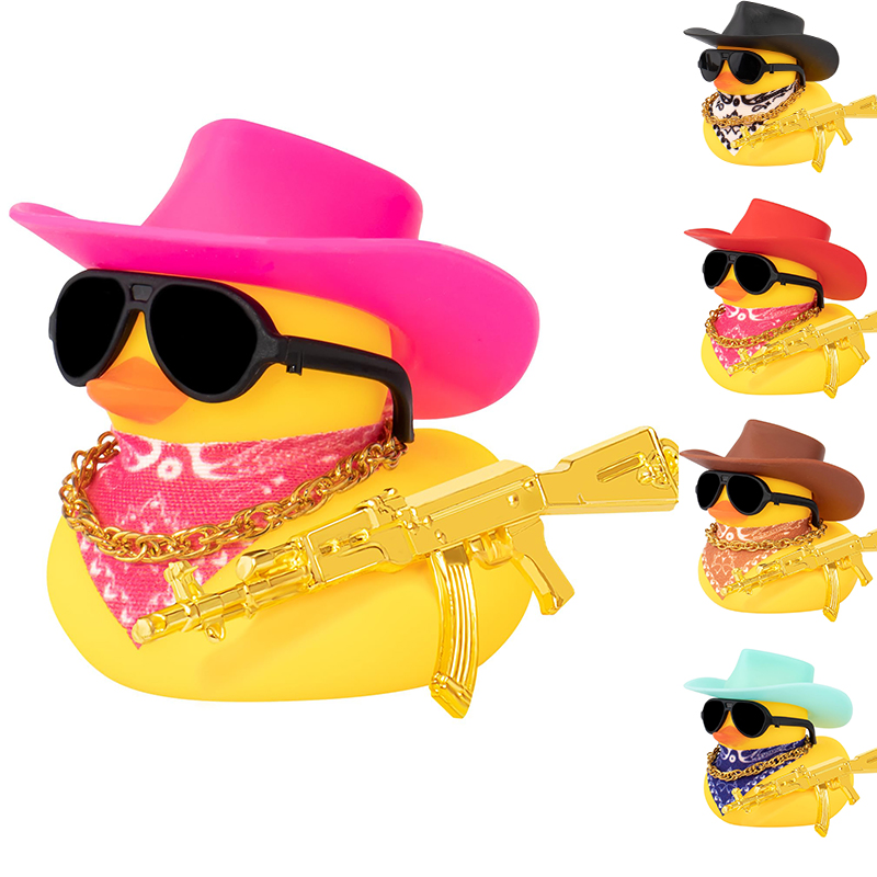 Adornos de pato de goma para coche, decoraciones para salpicadero de coche, accesorios geniales para coche con collar de sombrero de vaquero y gafas de sol